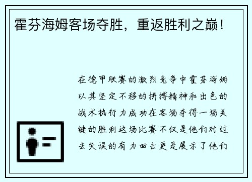霍芬海姆客场夺胜，重返胜利之巅！
