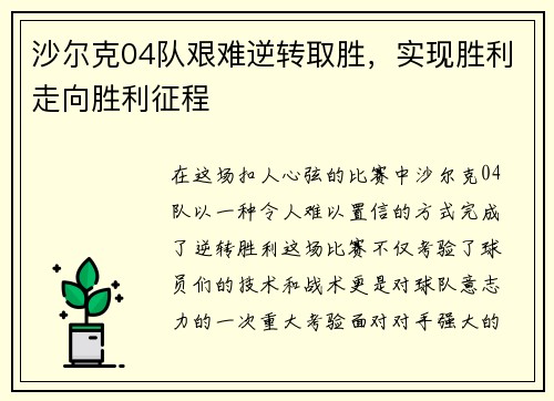 沙尔克04队艰难逆转取胜，实现胜利走向胜利征程