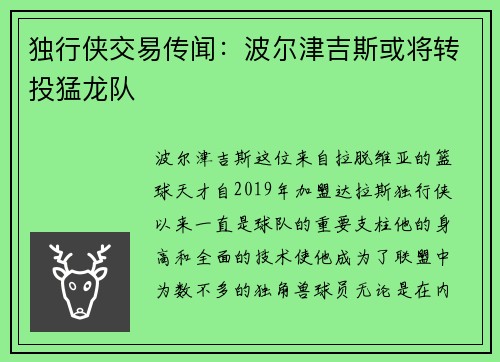 独行侠交易传闻：波尔津吉斯或将转投猛龙队