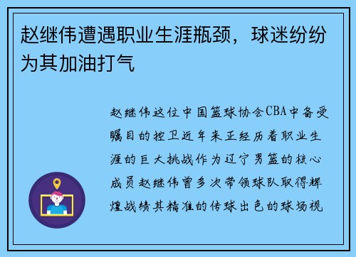 赵继伟遭遇职业生涯瓶颈，球迷纷纷为其加油打气